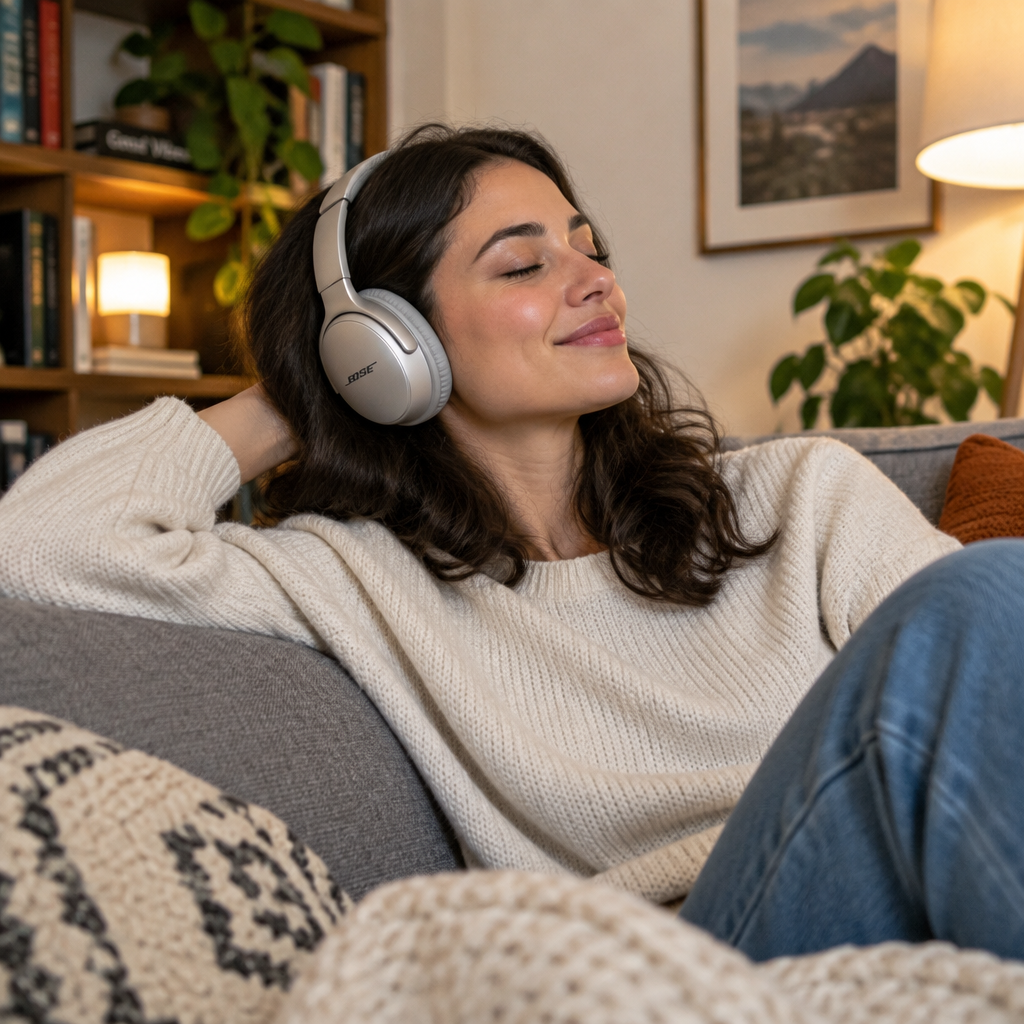 Person wearing headphones relaxing on sofa listening to music