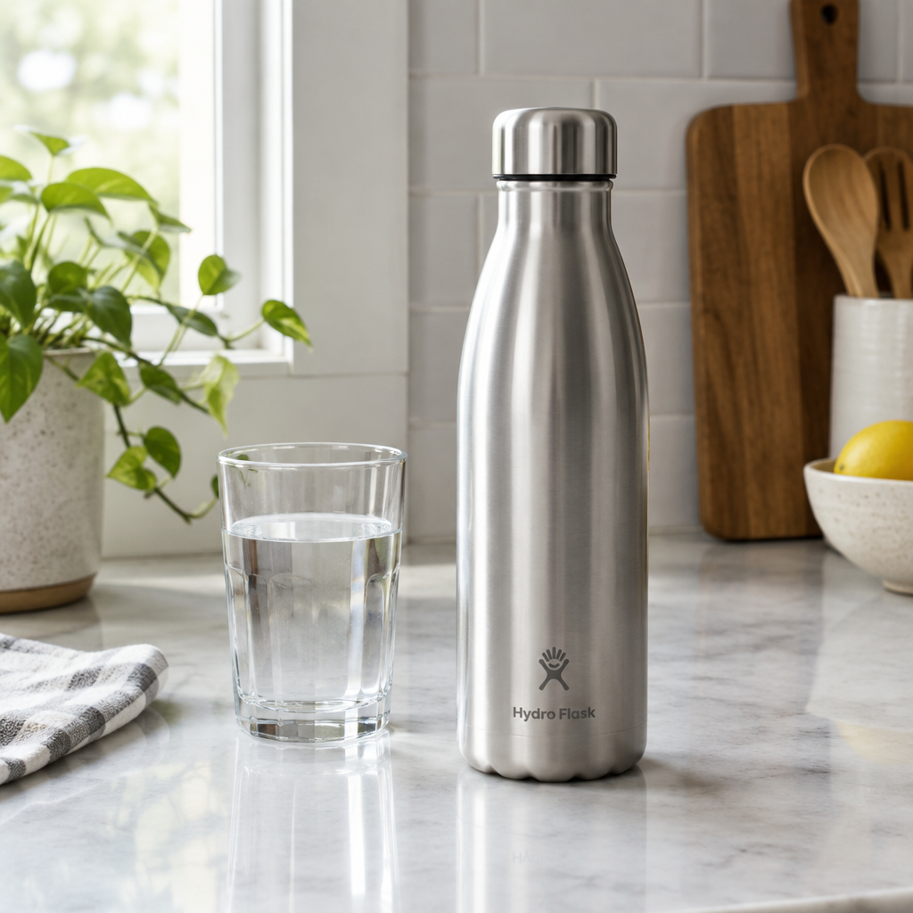 Stainless steel water bottle on kitchen counter lifestyle shot