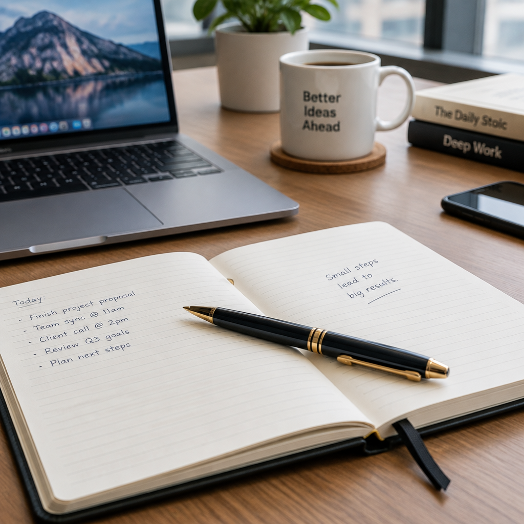 Premium ballpoint pen on open notebook on office desk with laptop