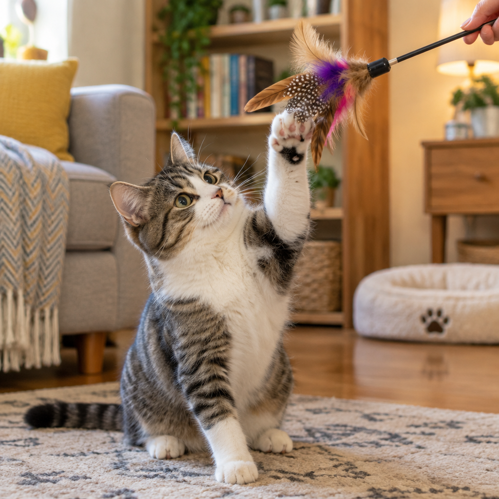 Playful cat batting at feather wand toy in home setting