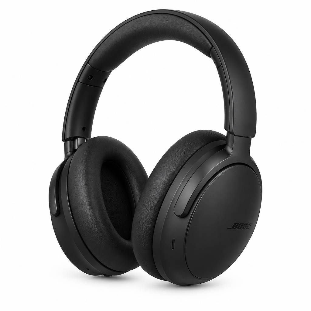 Premium matte black noise cancelling headphones on white background