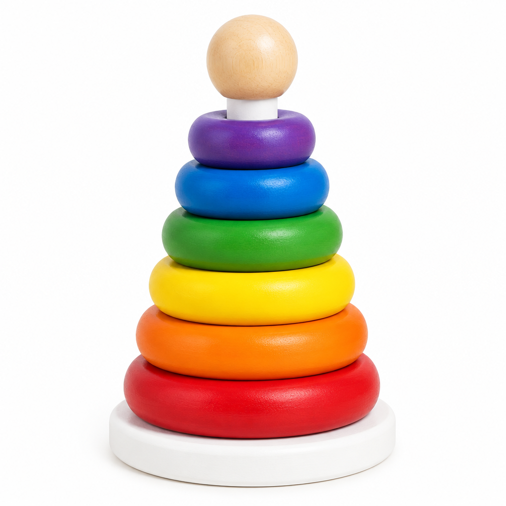 Colorful wooden rainbow stacking rings toy on white background