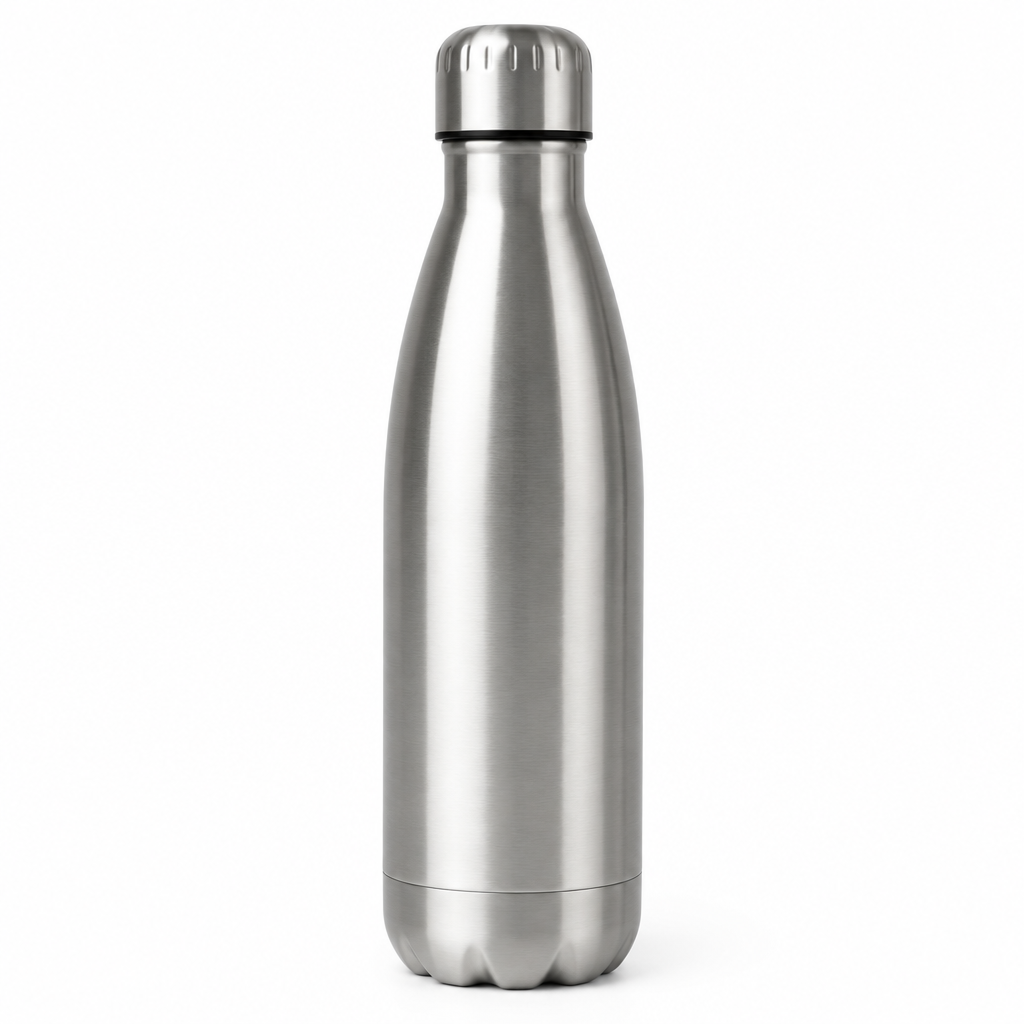 Stainless steel insulated water bottle on white background