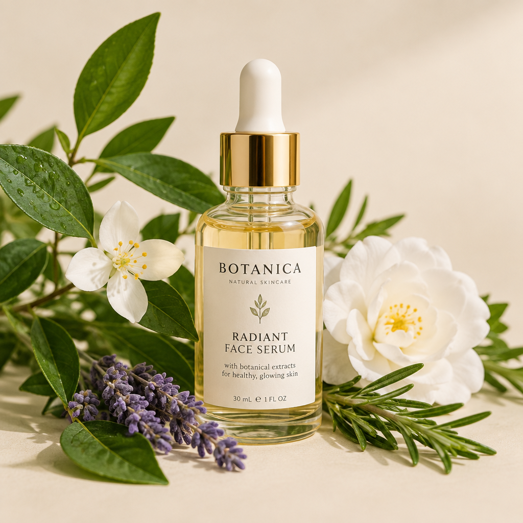 Face serum bottle surrounded by botanical leaves and flowers