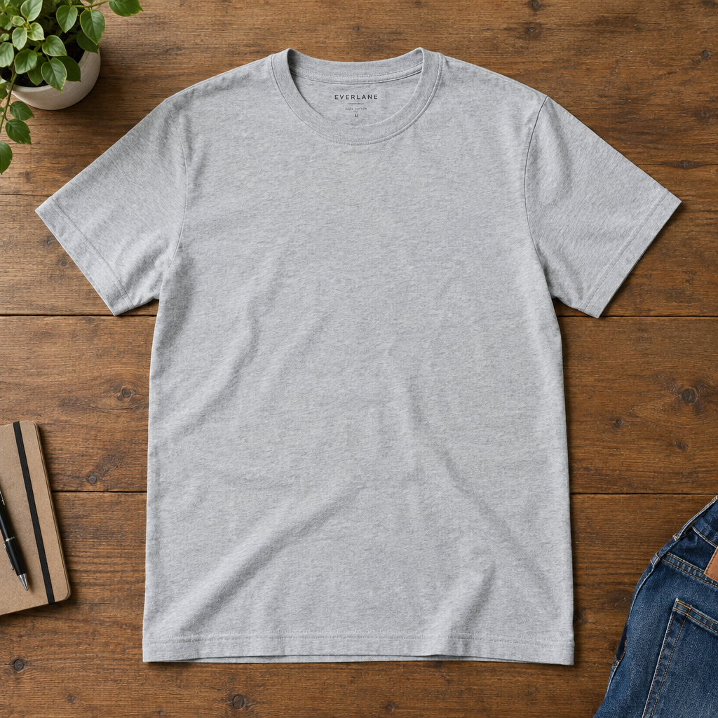 Classic grey crew neck t-shirt flat lay showing fabric detail
