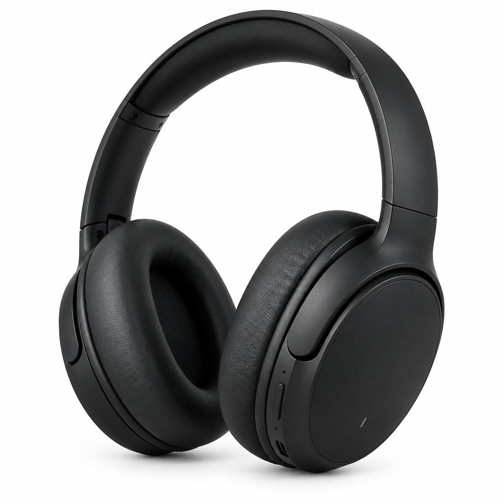 Wireless over-ear headset front view on white background