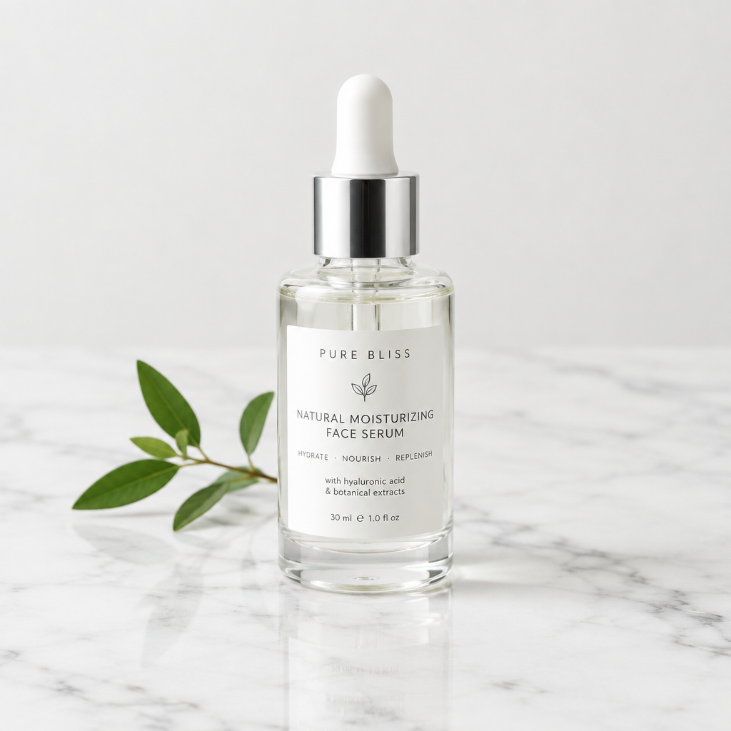 Natural glow face serum glass dropper bottle on white marble