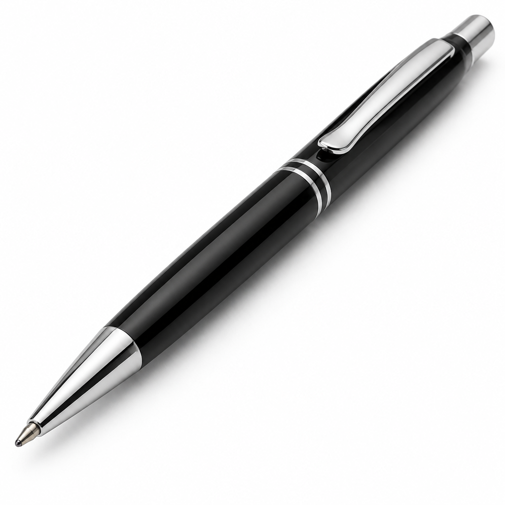 Sleek black and silver premium ballpoint pen on white background