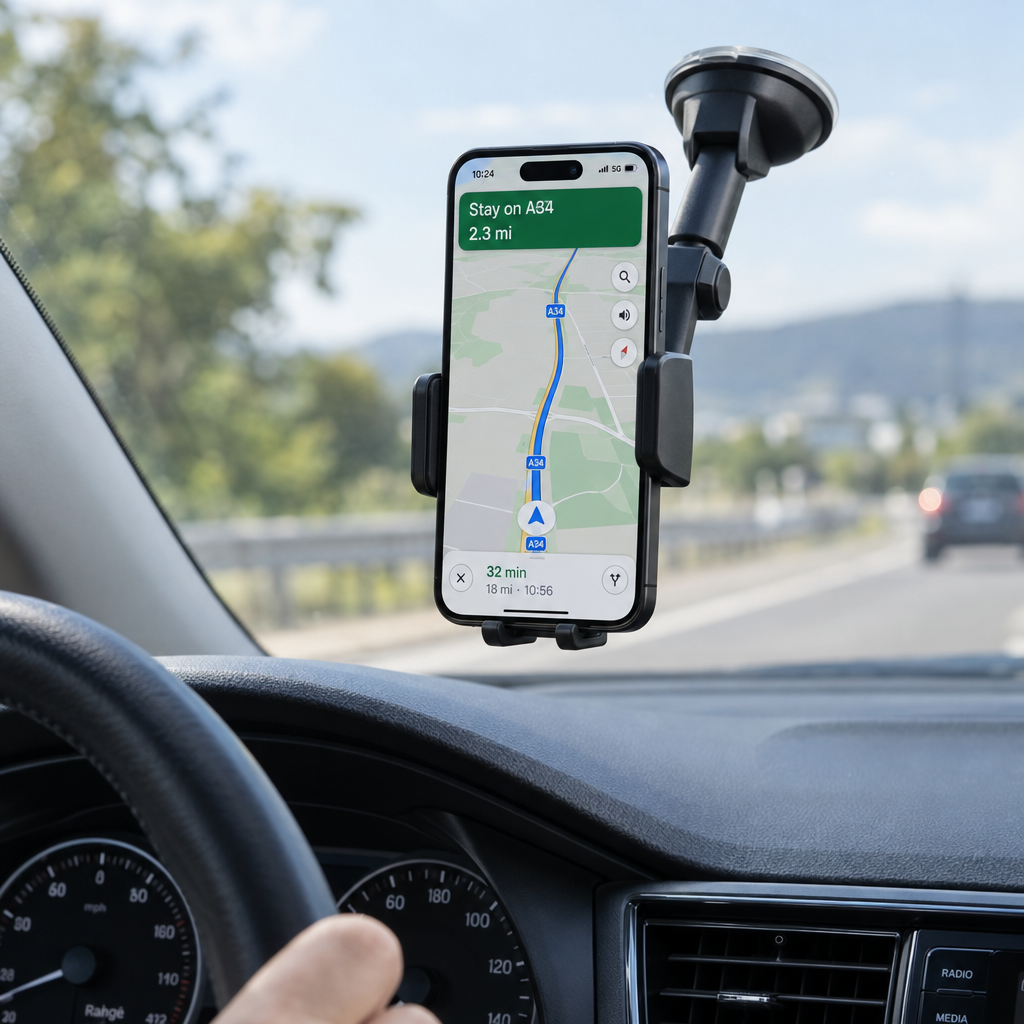 Car phone mount attached to windscreen with navigation app open