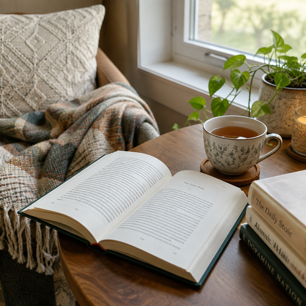 Open hardcover book in cozy reading nook with tea and natural light
