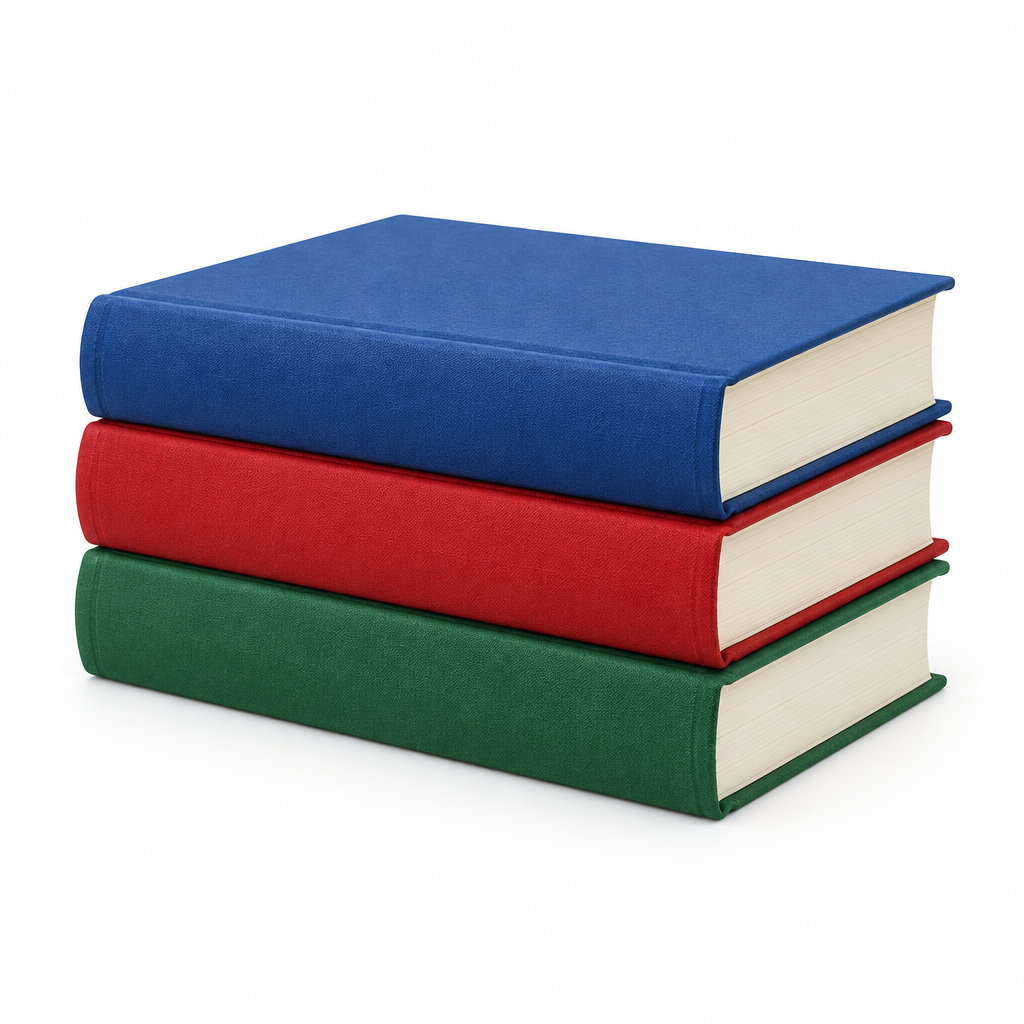 Stack of three hardcover books on white background