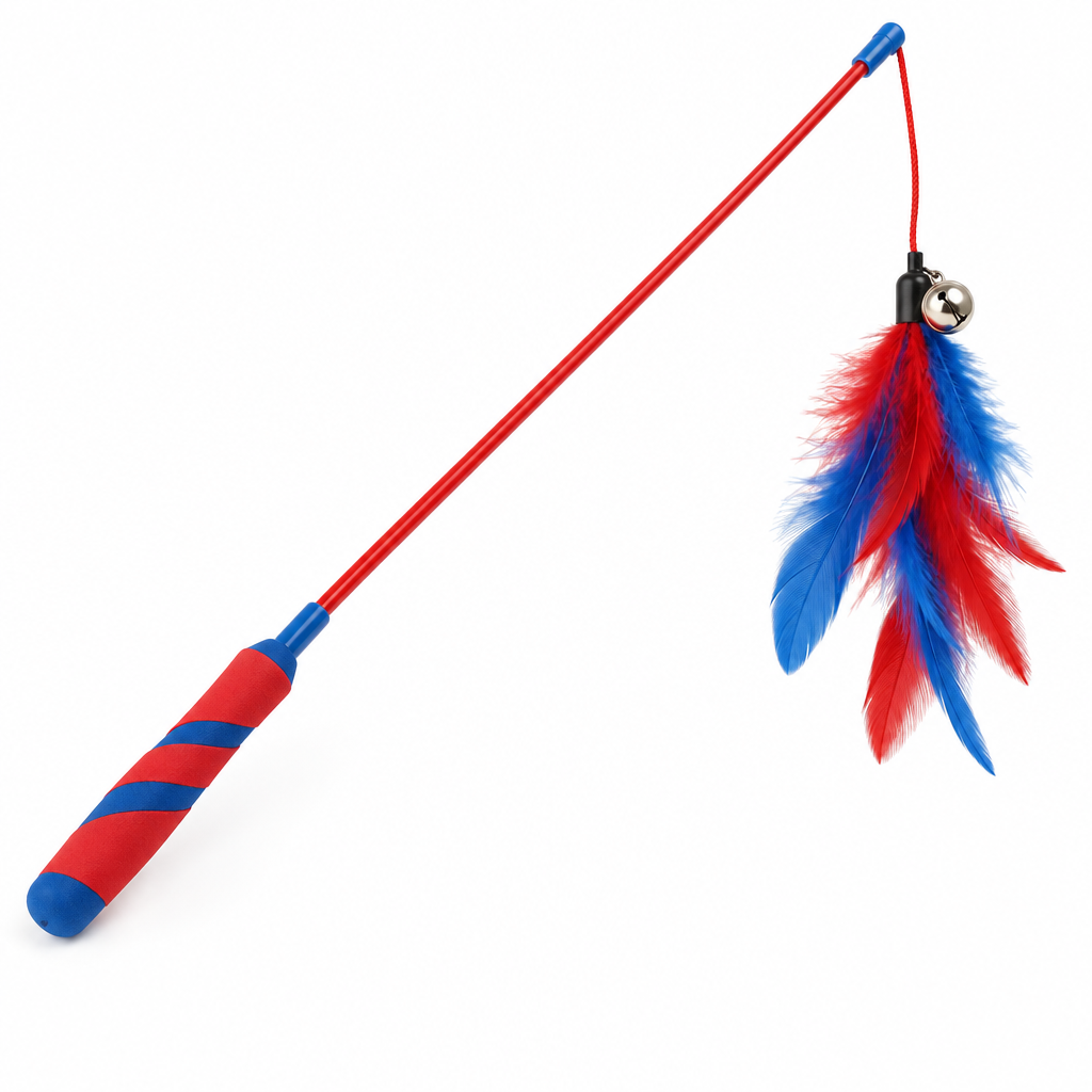 Red and blue cat feather wand toy with bell on white background